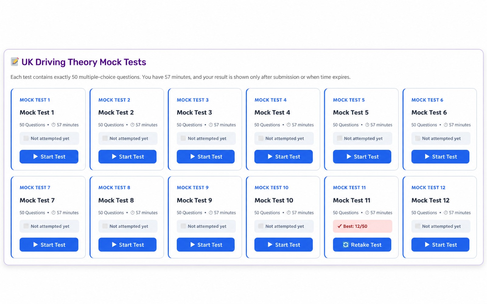 Full-length UK driving theory mock test with timer and instant score