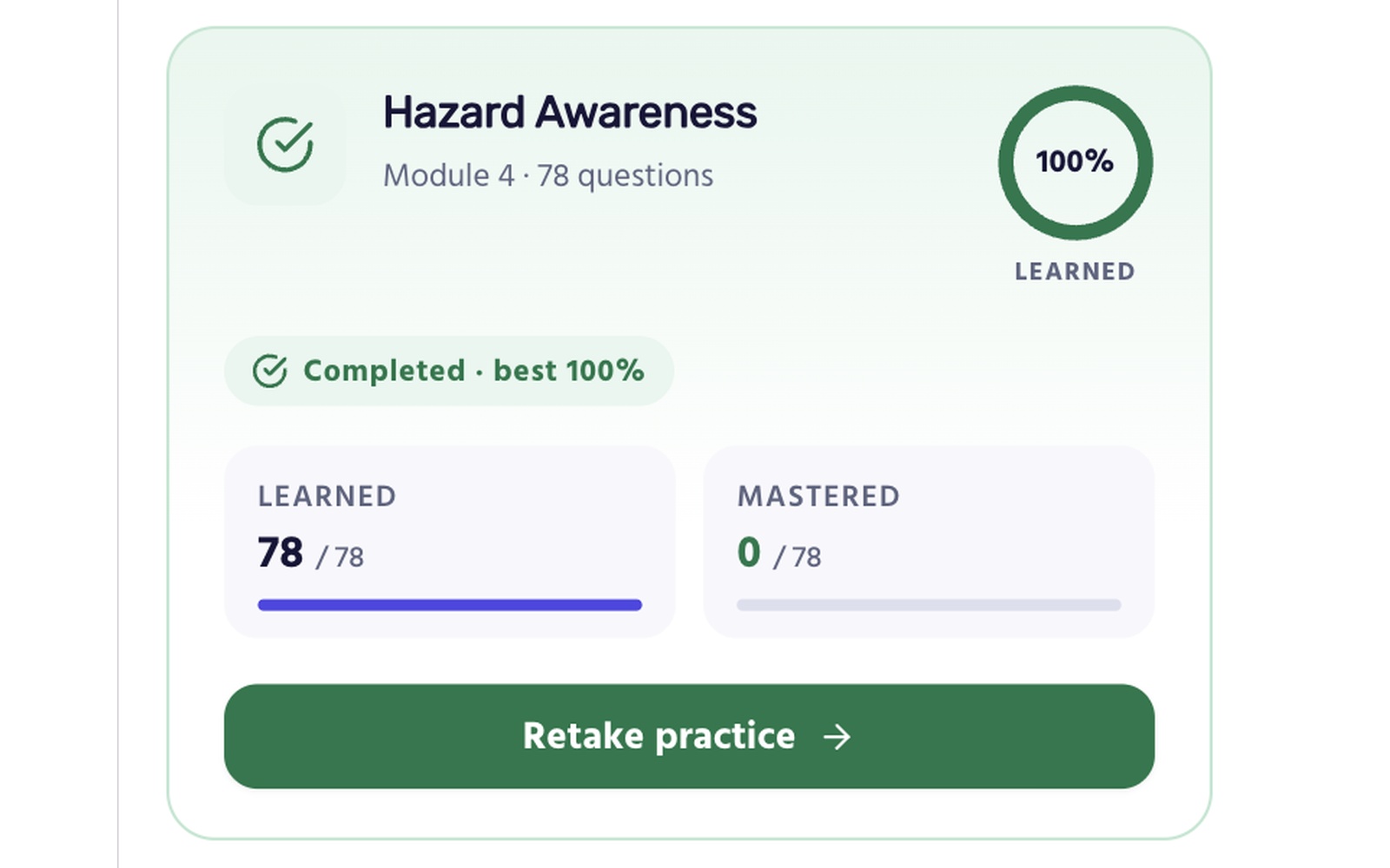 Module progress screen showing completion and accuracy for each theory topic